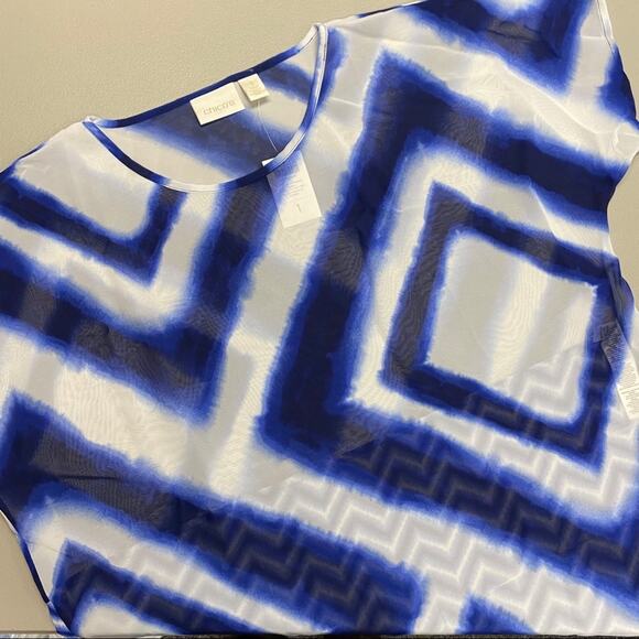 Chico's Top Shirt Blouse Blue Dueling Diamonds Darcy Chevron Zig Zip NWT Size 1 - Picture 1 of 6